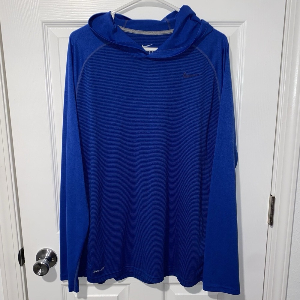Nike Dri-FIT Men's XL Blue Pullover Hoodie Long-Sleeves Shirt Striped Raglan LS